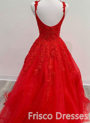 Evening Dresses Velvet, Red Tulle Lace A Line Formal Evening Dresses Appliques Long Prom Dresses