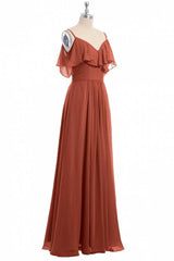 Formal Dress Long Sleeved, Rust Orange Straps Ruffled A-Line Bridesmaid Dress