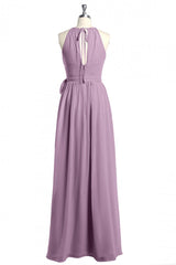 Evening Dresses With Sleeves, Dusty Purple Halter Keyhole Back Long Bridesmaid Dress