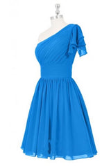 Prom Dresses Beautiful, Blue One-Shoulder Ruffled Sleeve Short Bridesmaid Dress