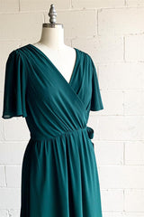 Formal Dress Shop Near Me, Faux-Wrap V Neck Pleated Chiffon Hi-Low Bridesmaid Dress with Sleeves