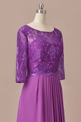 Homecoming Dresses With Sleeves, Purple Lace Round Neck Keyhole Back Long Mother of the Bride Dress