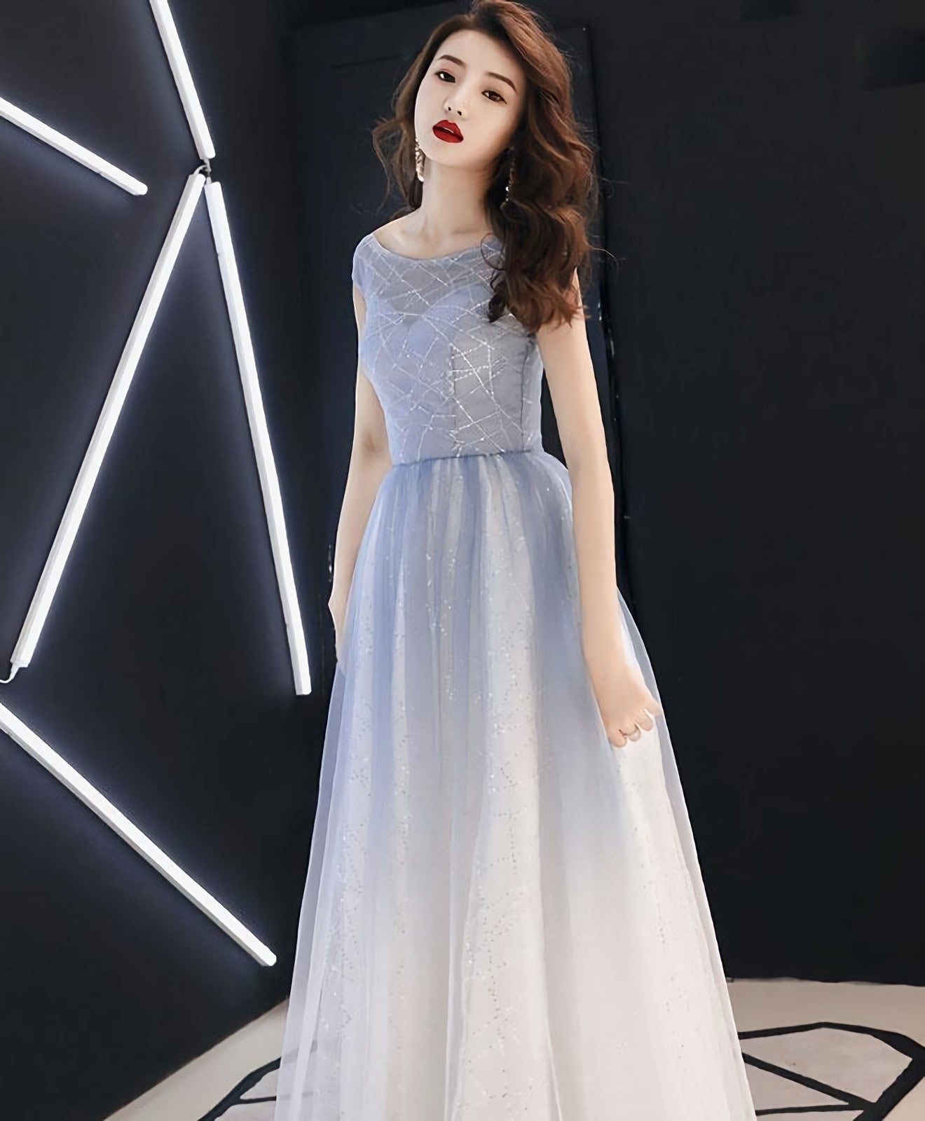 Bridesmaids Dresses Blush, Blue Round Neck Tulle Long Prom Dress, Blue Tulle Evening Dress