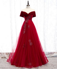 Strapless Dress, Burgundy Tulle Off Shoulder Long Prom Dress, Burgundy Formal Dress