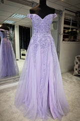 Bridal Shower Games, Lilac Off-the-Shoulder Appliques Tulle Long Prom Dress with Slit