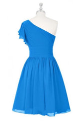 Prom Dress Classy, Blue One-Shoulder Ruffled Sleeve Short Bridesmaid Dress