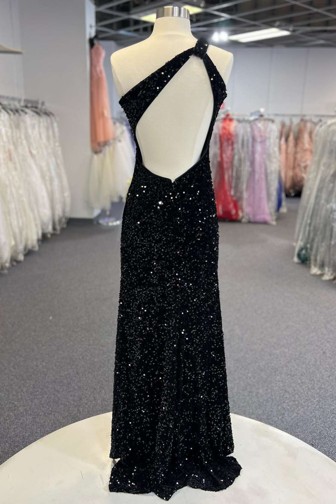 Prom Dress Black, Black Sequin One-Shoulder Cutout Long Prom Dress