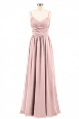 Evening Dress Designers, Dusty Pink Spaghetti Straps Banded Waist Long Bridesmaid Dress