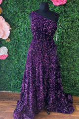 Homecoming Dress Sparkles, Purple Sequin One-Shoulder Backless A-Line Long Prom Dress