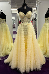 Elegant Wedding Dress, Yellow Lace-Up Floral Multi-Layers Strapless A-line Long Prom Dress