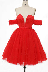 Homecoming Dress Beautiful, Red Off-the-Shoulder Bustier A-Line Short Homecoming Dress