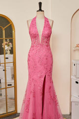 Prom Dress Designers, Pink Plunging Halter Appliques Mermaid Long Prom Dress with Slit
