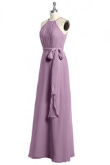 Evening Dresses Online Shop, Dusty Purple Halter Keyhole Back Long Bridesmaid Dress