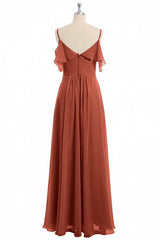Formal Dresses Long Sleeved, Rust Orange Straps Ruffled A-Line Bridesmaid Dress