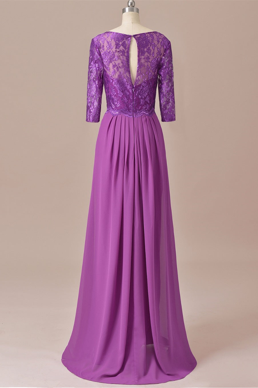 Homecoming Dresses Knee Length, Purple Lace Round Neck Keyhole Back Long Mother of the Bride Dress