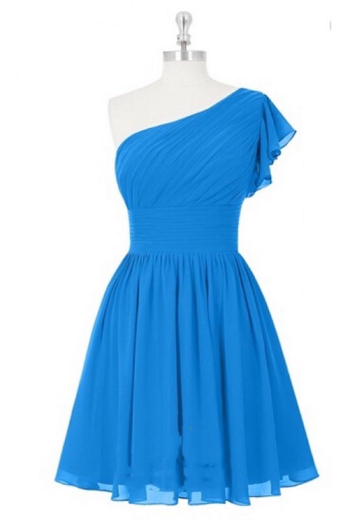 Prom Dress Types, Blue One-Shoulder Ruffled Sleeve Short Bridesmaid Dress