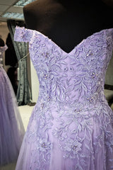 Bridesmaid Dresses Mismatched Winter, Lilac Off-the-Shoulder Appliques Tulle Long Prom Dress with Slit