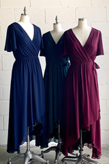 Formal Dresses For Weddings Near Me, Faux-Wrap V Neck Pleated Chiffon Hi-Low Bridesmaid Dress with Sleeves
