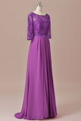 Homecomeing Dresses Bodycon, Purple Lace Round Neck Keyhole Back Long Mother of the Bride Dress