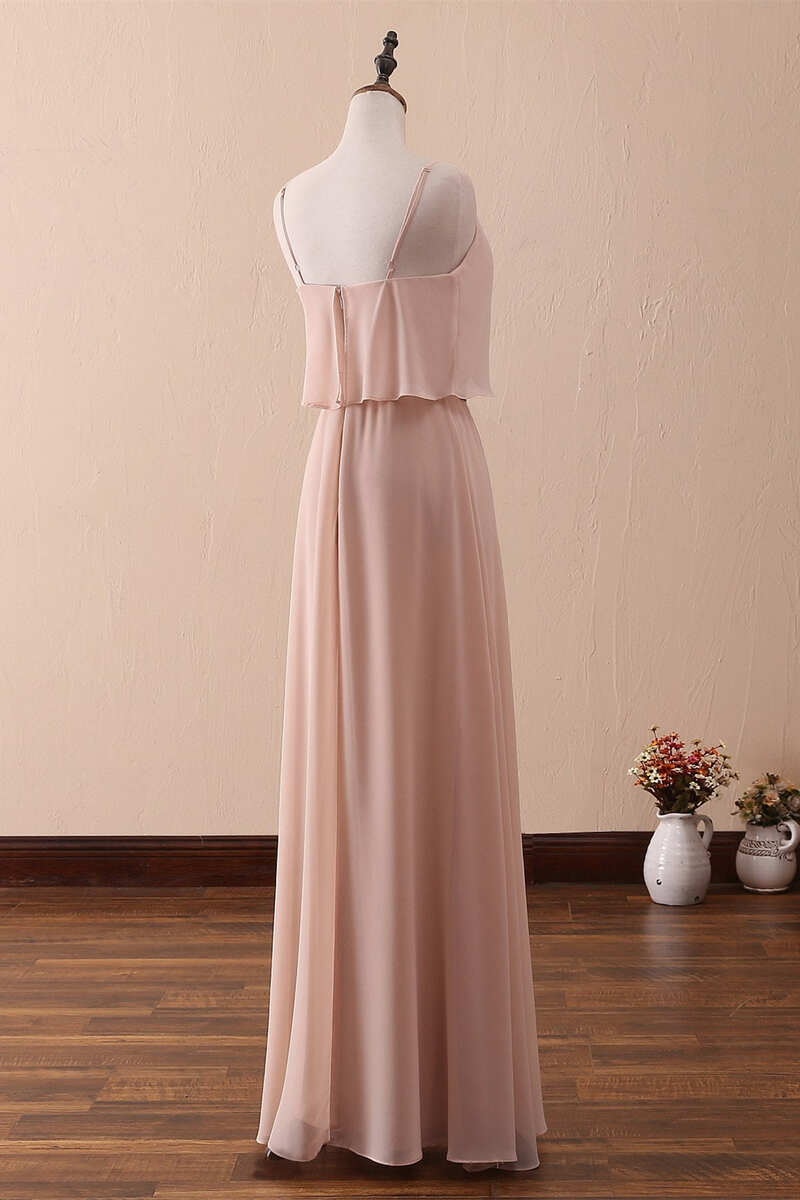Prom Dresses Brands, Blush Pink Spaghetti Strap Ruffled Long Bridesmaid Dress