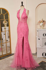 Prom Dress Designer, Pink Plunging Halter Appliques Mermaid Long Prom Dress with Slit