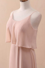 Prom Dresses Brand, Blush Pink Spaghetti Strap Ruffled Long Bridesmaid Dress