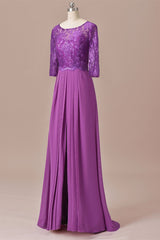 Homecoming Dress Pink, Purple Lace Round Neck Keyhole Back Long Mother of the Bride Dress