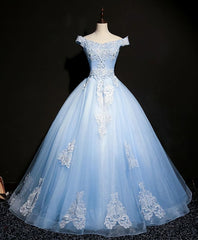 Bridesmaids Dress Affordable, Blue Tulle Lace Off Shoulder Long Prom Dress, Blue Tulle Lace Evening Dress