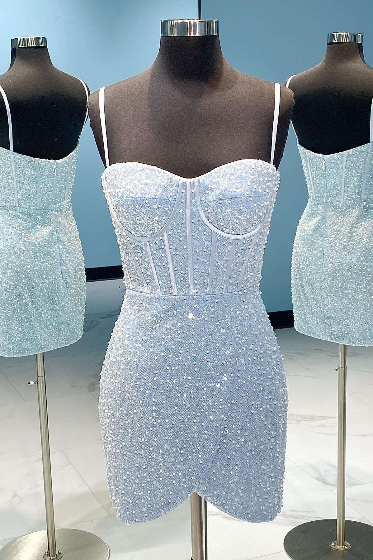 Fall Wedding Color, Light Blue Sequin Straps Bodycon Short Homecoming Dress