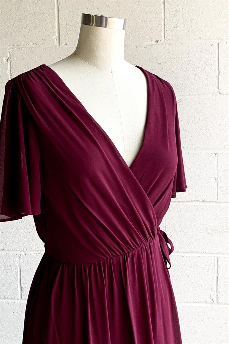 Formal Dress Shops Near Me, Faux-Wrap V Neck Pleated Chiffon Hi-Low Bridesmaid Dress with Sleeves