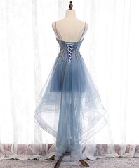 Bridesmaid Dresses Pinks, Blue Sweetheart Tulle Lace High Low Prom Dress, Blue Homecoming Dress