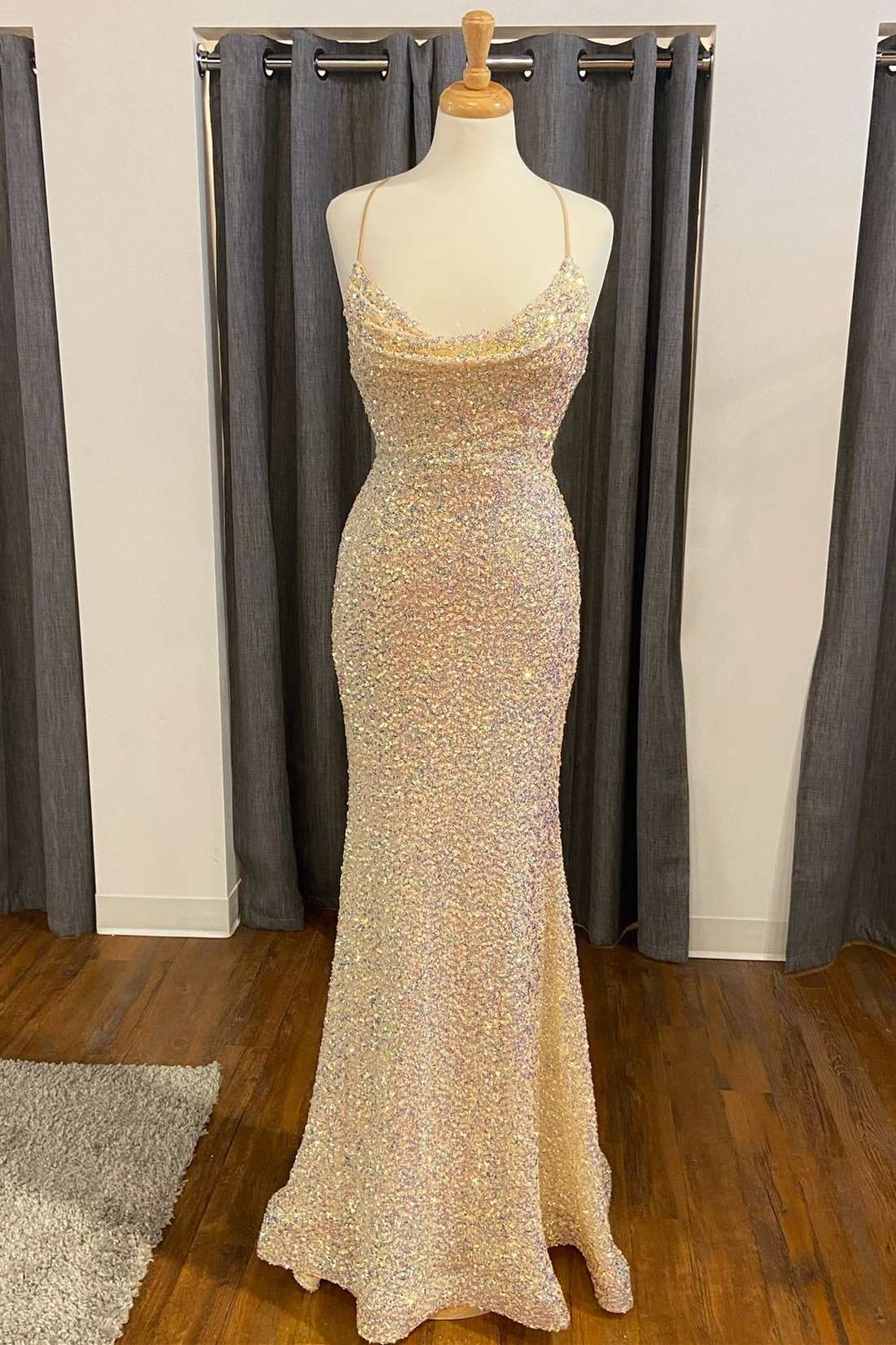 Party Dress Fall, Iridescent Sequin Cowl Neck Mermaid Long Prom Dress