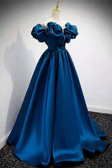 Classy Dress, A-Line Dark Blue Off-the-Shoulder Stain Prom Gown