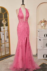Prom Dresses Designer, Pink Plunging Halter Appliques Mermaid Long Prom Dress with Slit
