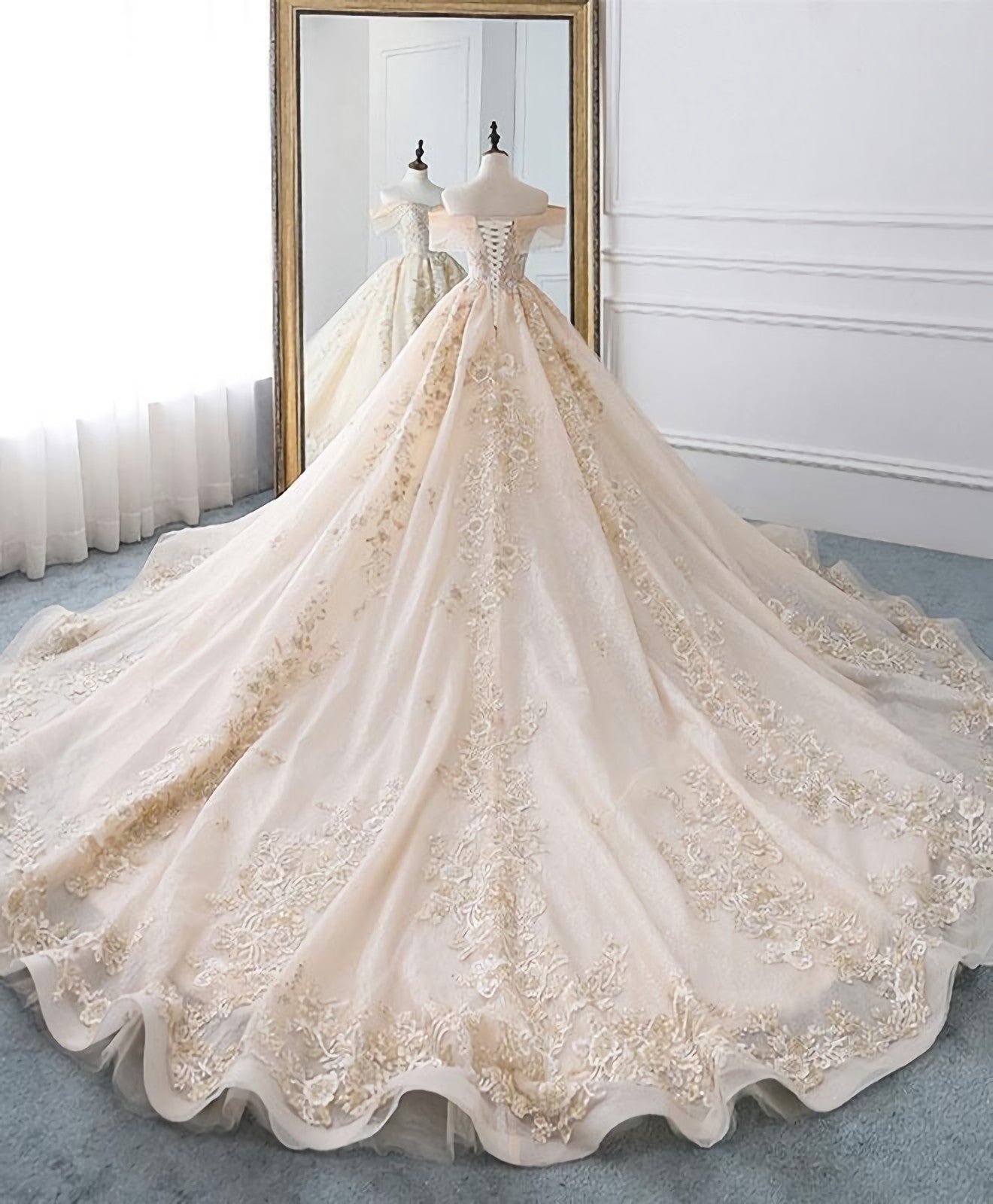 Wedding Dressed Lace, Champagne Off Shoulder Tulle Lace Long Wedding Dress, Wedding Gown