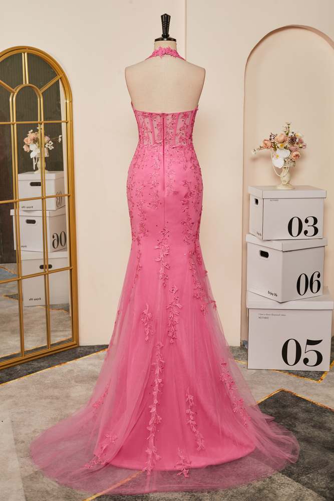 Prom Dress Design, Pink Plunging Halter Appliques Mermaid Long Prom Dress with Slit