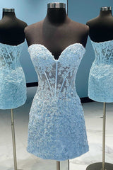 Prom Dresses For Teen, Blue Appliques Strapless Short Party Dress