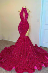 Evening Dress 2034, Sparkle Sequined Fuchsia High neck mermaid Keyhole asymmetric cut Prom Dress