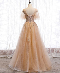 Dress Ideas, Champagne Round Neck Tulle Lace Long Prom Dress, Formal Dress