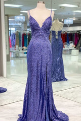 Homecomming Dresses Green, Tight Purple Sequined Long Prom Dress with Slit