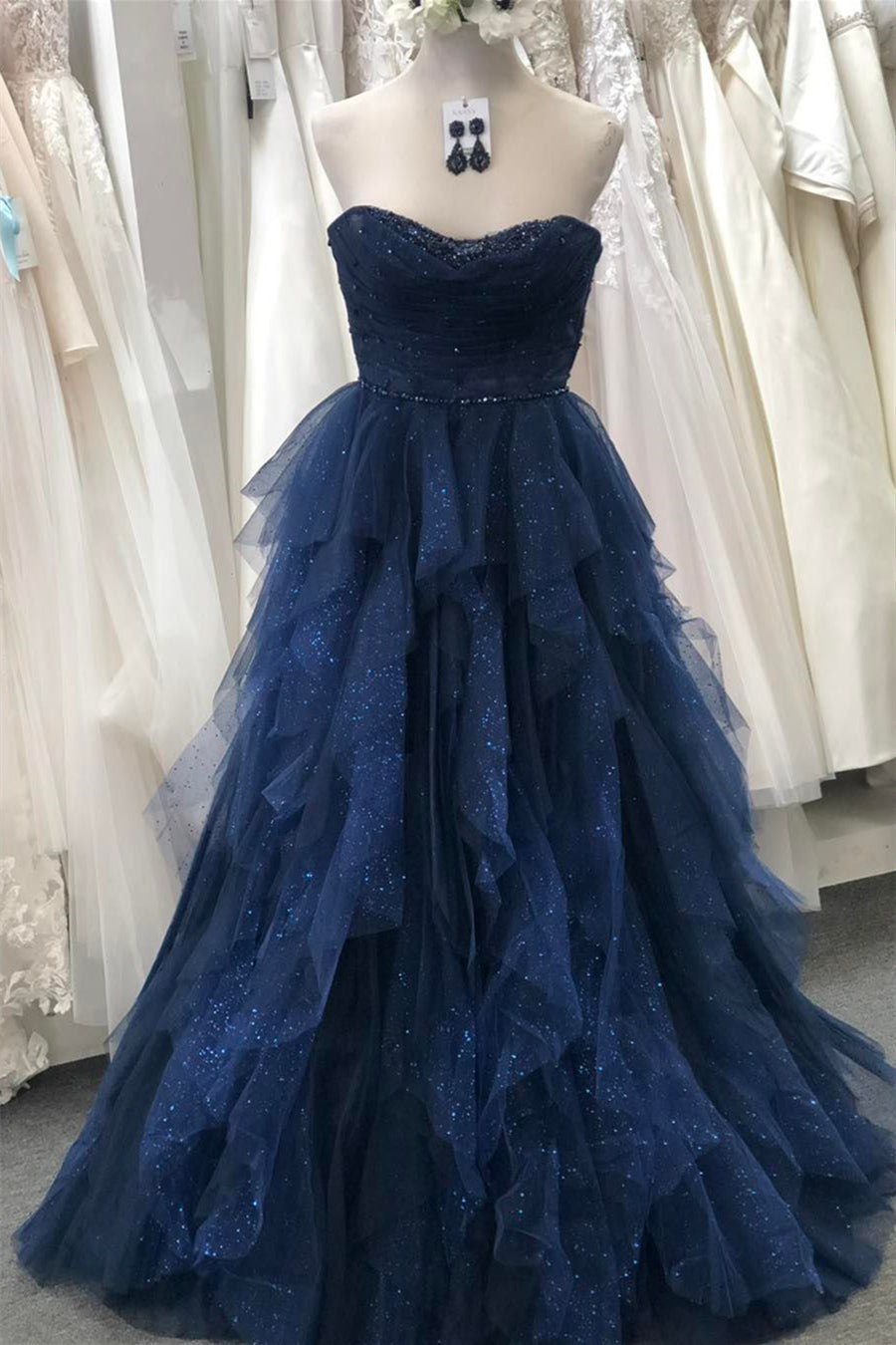 Party Dress For Girl, Sparkly Navy Blue Strapless Ruffle Layers Tulle Long Prom Dress