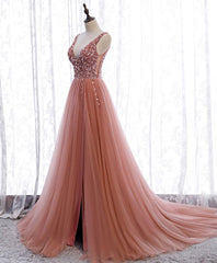 Nice Dress, Pink V Neck Tulle Sequin Long Prom Dress, Pink Formal Dress