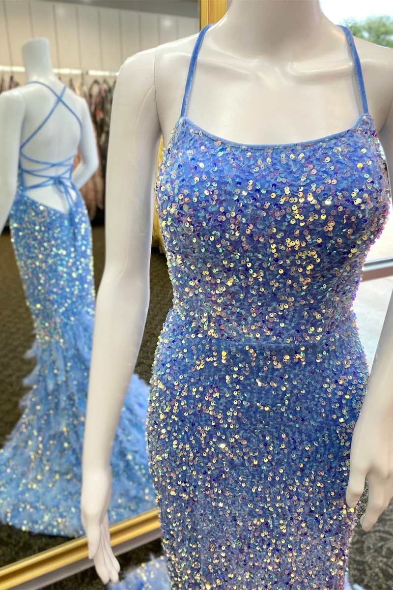 Prom Dresses 2037 Red, Periwinkle Sequin Lace-Up Mermaid Long Prom Dress with Feathers