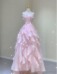 A Line Pink Long Prom Dresses,Strapless Evening Gown