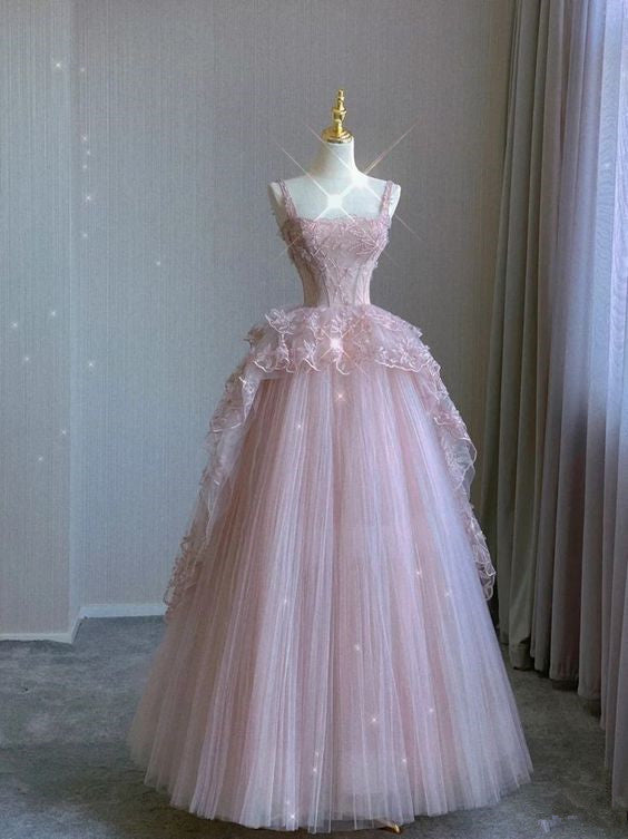 Prom Dresses Long, Pink tulle lace long prom dress, pink evening dress