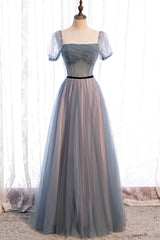 Bridesmaid Dress Fall Colors, Gray Blue Tulle Long A-Line Prom Dress, Cute Short Sleeve Evening Dress