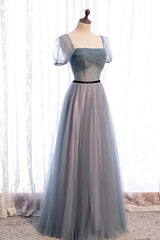 Bridesmaid Dresses Orange, Gray Blue Tulle Long A-Line Prom Dress, Cute Short Sleeve Evening Dress