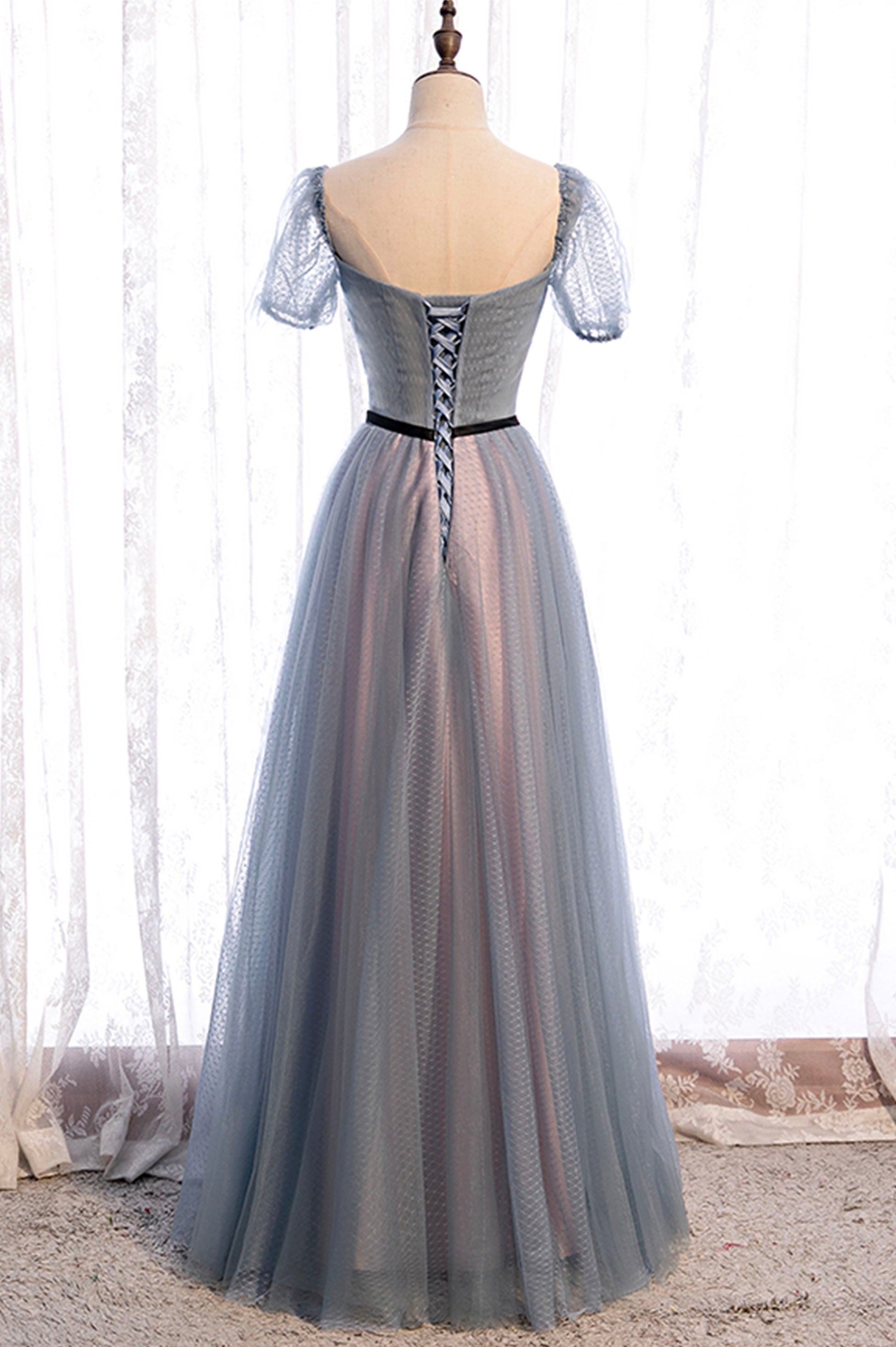Bridesmaid Dressing Gown, Gray Blue Tulle Long A-Line Prom Dress, Cute Short Sleeve Evening Dress