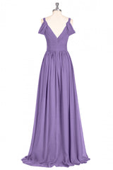 Party Dress Online Shopping, Lavender Cold-Shoulder Banded Waist Long Bridesmaid Dress