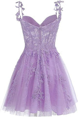 Formal Dress For Teen, Lavender Tulle Lace Applique Homecoming Dress, Floral Tulle Short Prom Dress